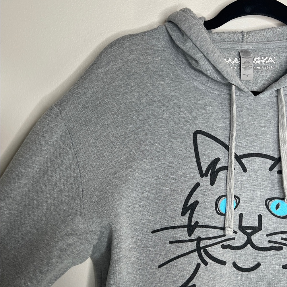 Marushka Blue Eyed Cat Whimsical Wearable Art gray pullover hoodie size Medium - Picture 5 of 15
